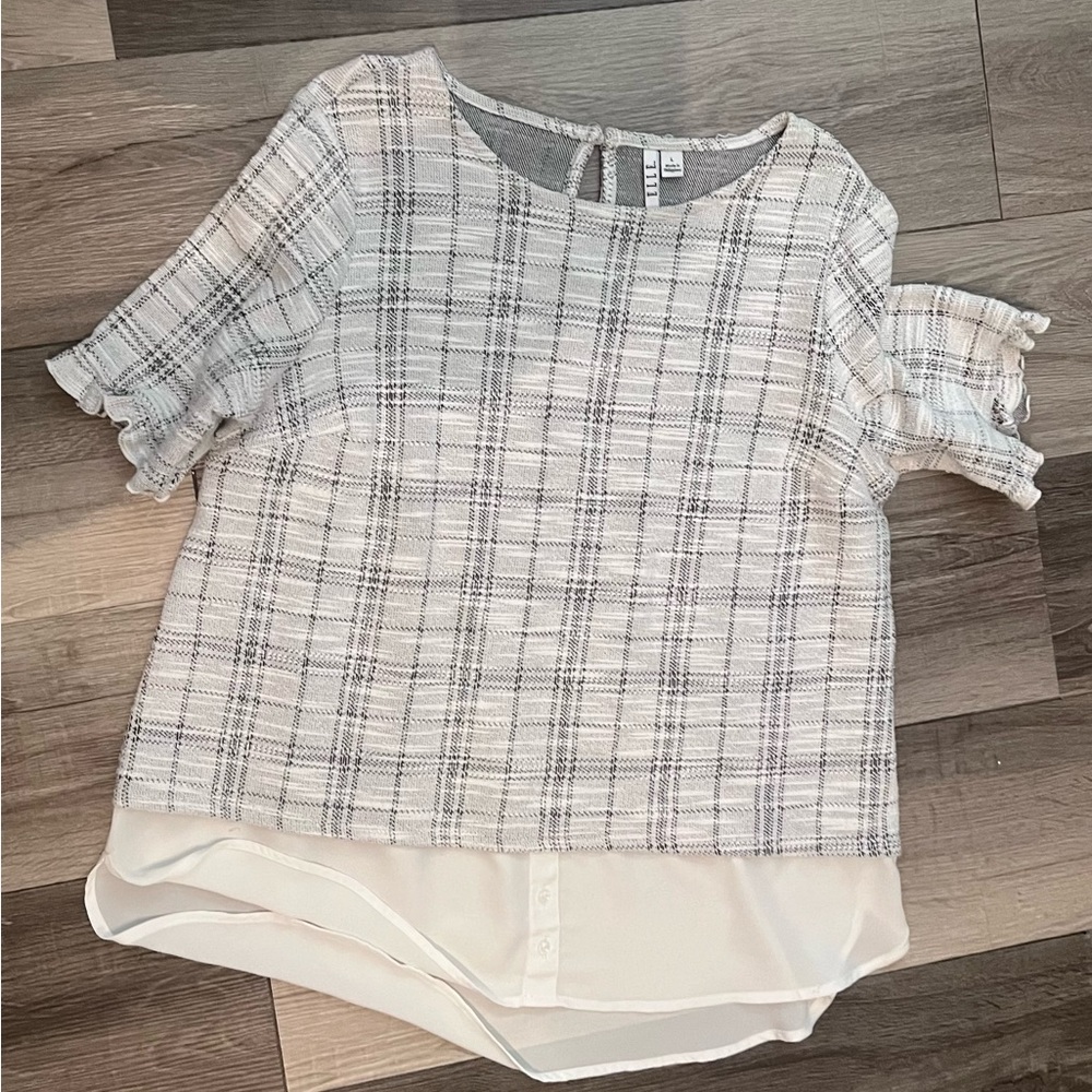 Elle White and Gray Plaid Blouse with Ruffle Sleeves